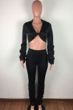 Yellow OL Solid Draped crop top Boot Cut Long Sleeve Two Pieces