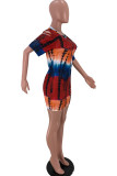 Red Fashion Casual Print Tie Dye Ripped O Neck Short Sleeve Dress