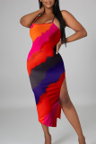 Orange Sexy Print Patchwork Frenulum Slit Spaghetti Strap Pencil Skirt Dresses