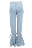 Light Blue Denim Button Fly Sleeveless High Patchwork washing Hole Solid bandage Boot Cut Pants 