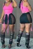 Blue Sexy Solid Patchwork See-through U Neck Sleeveless Two Pieces