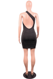 Black Sexy One Shoulder Sleeveless one shoulder collar Asymmetrical Knee-Length diamonds 