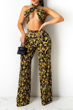 White Sexy Print Patchwork Halter Sleeveless Two Pieces