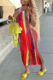 Red Fashion Sexy Print Tie Dye Slit U Neck Vest Dress