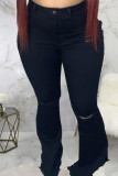 Black Sexy Solid Ripped Buttons Plus Size 