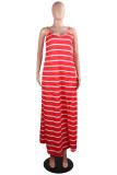 Red Sexy Fashion Spaghetti Strap Sleeveless Slip Step Skirt Ankle-Length Striped Solid Casual