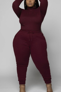 Wine Red Sportswear Milk Fiber Print Solid O Neck Plus Size 