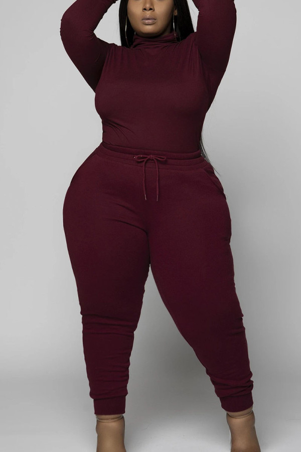 Wine Red Sportswear Milk Fiber Print Solid O Neck Plus Size 