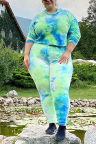 Light Green Casual Twilled Satin Print Tie-dye Hooded Collar Plus Size 