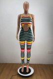 Red Casual Striped Patchwork O Neck Sleeveless Two Pieces