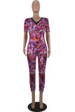 purple Sexy Fashion Print Patchwork Short Sleeve V Neck Jumpsuits