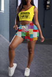 Pink Fashion Casual Print Basic One Shoulder Sleeveless Two Pieces