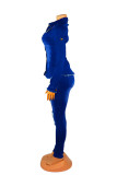 Blue Fashion Casual Solid Basic Turndown Collar Plus Size Set
