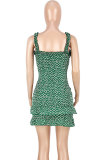 Green Sexy Fashion Tank Sleeveless Slip Step Skirt Mini Patchwork backless Draped Print ruffle s