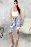Blue Denim Zipper Fly Button Fly High washing Hole Zippered Pocket Straight Capris Shorts