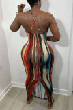 Red Fashion Sexy Print Backless Slit Spaghetti Strap Sleeveless Dress