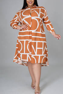 Orange Casual Print Patchwork Turndown Collar Shirt Dress Plus Size Dresses
