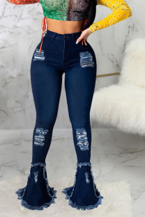 Dark Blue Sexy Solid Ripped High Waist Boot Cut Denim