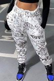White Casual Print Loose Bottoms