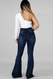 Dark Blue Denim Zipper Fly Button Fly High Pocket washing Hole Solid Zippered Boot Cut Pants 