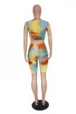 Multi-color Sexy Fashion crop top Tie Dye Geometric Skinny Two-Piece Short Set