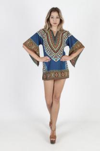 Blue Fashion adult Sexy Bat sleeve Half Sleeves O neck Swagger Mini Patchwork Print