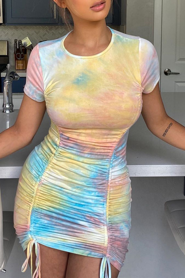 multicolor Sexy Short Sleeves O neck Step Skirt Mini Print bandage Draped Tie and dye Dresses
