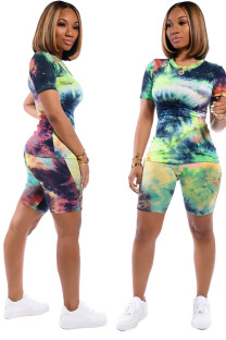 Green Casual Patchwork Print Gradient contrast color pencil Short Sleeve Two Pieces