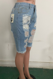 Blue Casual Solid Ripped Mid Waist Skinny Denim Shorts