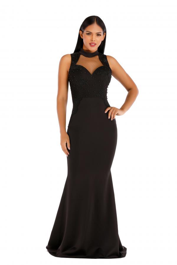 Black adult Celebrities Fashion Off The Shoulder Sleeveless O neck Mermaid Floor-Length Solid Pa