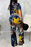 Blue Sexy Print Bandage Patchwork V Neck Short Sleeve Two Pieces
