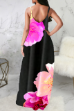 Rose Red Sexy Print Patchwork Spaghetti Strap Straight Dresses