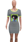 Green Fashion Casual Red Green Cap Sleeve Short Sleeves O neck Step Skirt skirt Striped Print Dresses