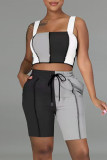 Rose Red Fashion Casual Patchwork Backless Square Collar Sleeveless Two Pieces