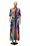 Multicolor Fashion Striped Print Frenulum Turndown Collar Long Dress