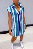 Deep Blue Fashion Casual Striped Print Basic Turndown Collar Shirt Dress