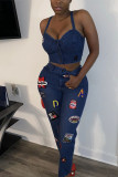 Blue Sexy Embroidery Embroidered Make Old Patchwork Backless Spaghetti Strap Sleeveless Spaghetti Strap Short Two Pieces