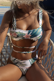 White Sexy Print Hollowed Out Patchwork Swimwears