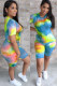 Fluorescent green Spandex Fashion Casual adult Ma'am O Neck Geometric Tie Dye Two Piece Suits Stitching Plus Size 