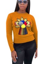 Yellow Fashion Casual Regular O-Neck Full Patchwork Slim Tees & T-shirts