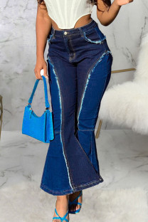 Dark Blue Street Solid Patchwork High Waist Boot Cut Denim Jeans