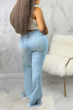 Light Blue Denim Zipper Fly High Tassel Hole washing Zippered Boot Cut Pants Bottoms