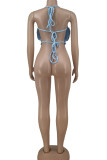 Blue Sexy Solid Patchwork Frenulum Flounce Halter Tops