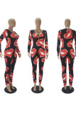 Black Living Lips Printed V Neck Skinny Jumpsuits