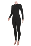 Black Casual Solid Patchwork O Neck Long Sleeve Two Pieces