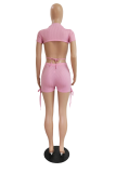 Pink Casual Solid Backless Half A Turtleneck Short Sleeve Two Pieces