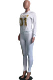 White Casual Letter Print Patchwork Hooded Collar Long Sleeve Two Pieces