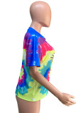 colour Chemical fiber blend O Neck Short Sleeve Print Tie Dye scrawl Tops