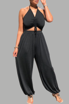 Black Fashion Sexy Solid With Belt V Neck Regular Jumpsuits