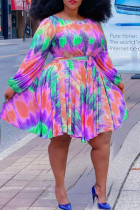 Purple Fashion Casual Plus Size Print Basic O Neck Long Sleeve Dresses